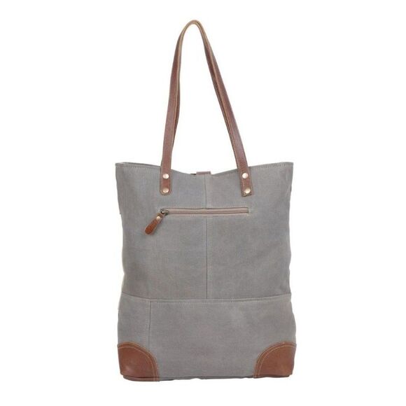 Myra Bag Handmade Undulate Tote Bag Upcycled Canvas & Cowhide Leather - Picture 4 of 8